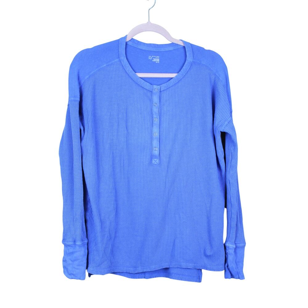 Offline by Aerie Blue Distressed Waffle Knit Quarter Snap Long Sleeve T-Shirt XS